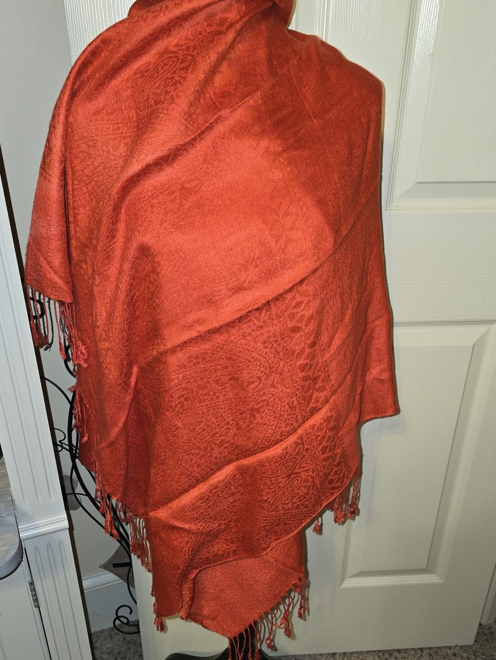 pashmina Rust Orange Paisley Jacquard Fringe Wrap